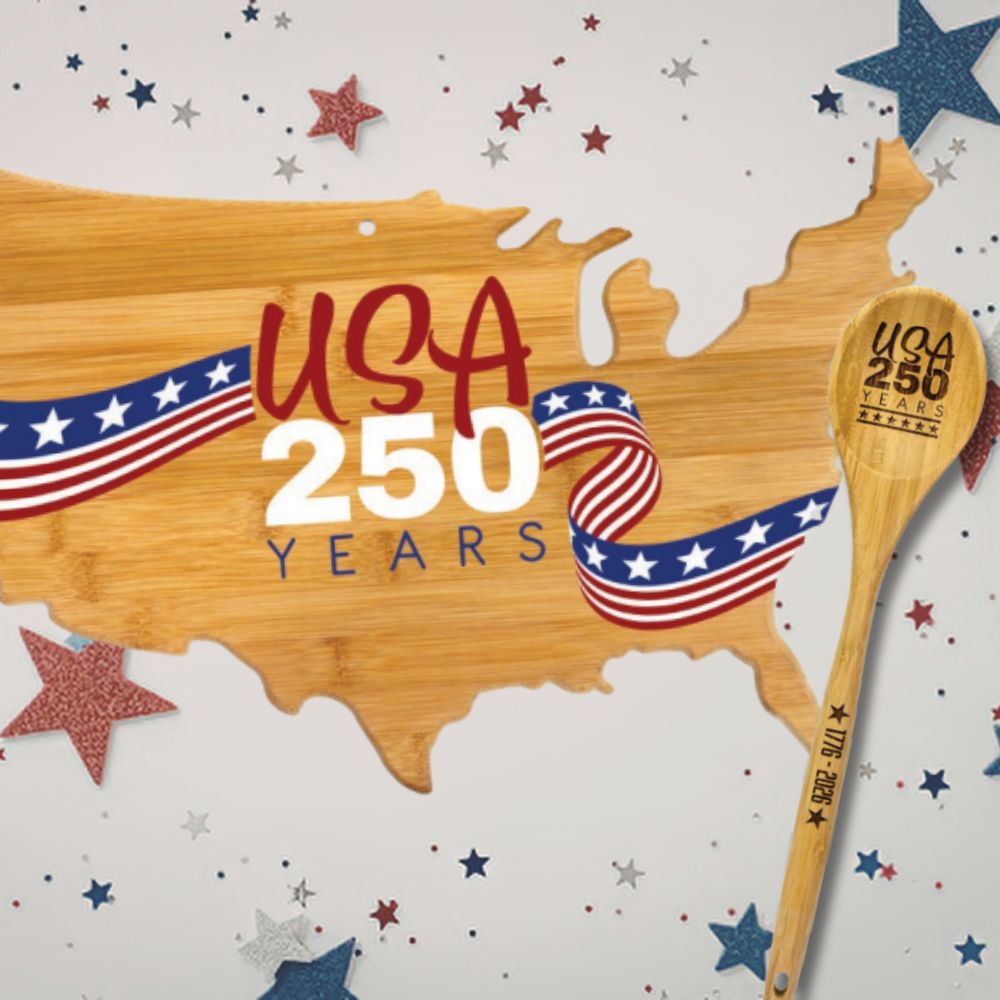 Totally Bamboo America 250th Anniversary Collection of a cutting board and wooden spoon